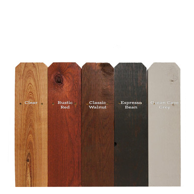 Pergola World color samples on fence pickets. From left to right Clear, Rustic Red, Classic Walnut, Espresso Bean & Ocean Cape Grey